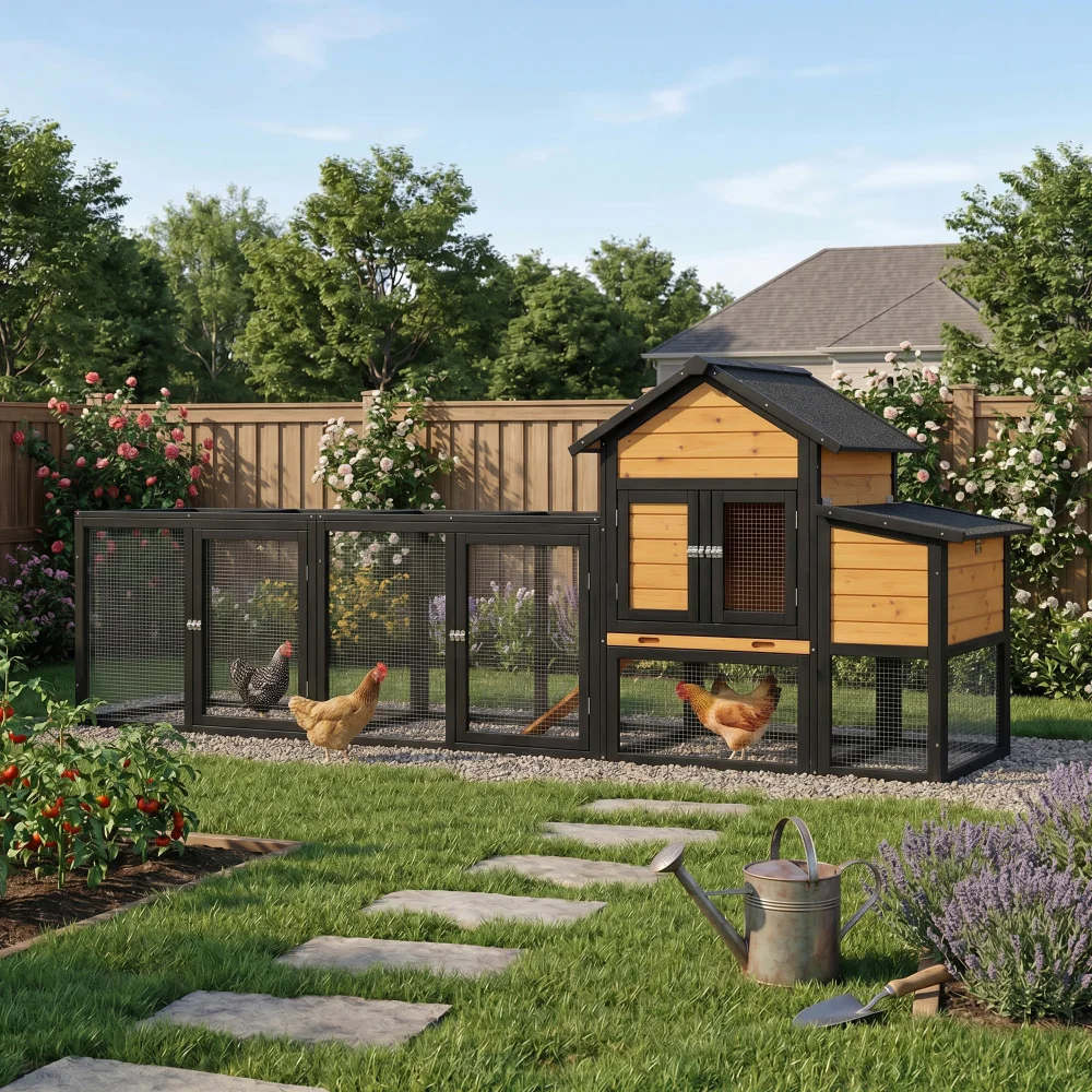 

Outdoor Wooden Chicken Coop & Run,7 Doors,PullOut Tray,Nestbox,Ramp,2-4 Chickens,Expandable