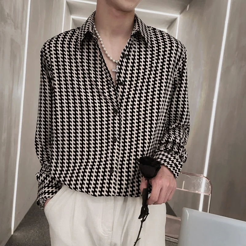 

Men's Premium Ice Silk Long Sve Casual irt Thin Strip Patterned Top Layered Design Autumn Faion Stand Fit arp Collar
