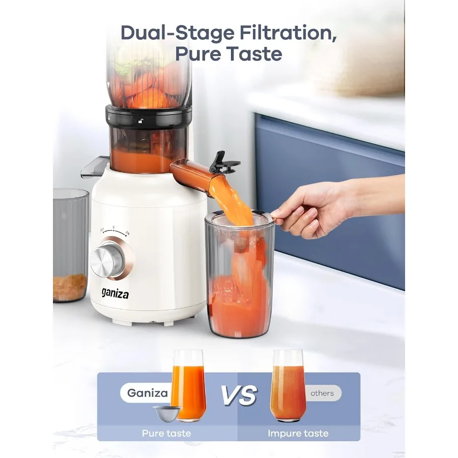 大きな投入口を備えたコールドプレスジューサーは、果物や野菜を丸ごと投入できるように設計されており、3つの機能を備えた低速咀嚼式ジューサーです。
