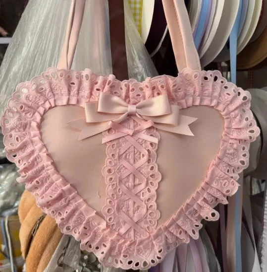 

Kawaii Cute Girls Lolita Bow Love Bag Embroidery Bag Women Hand Bags Girl Gift Sweet Pink Princess Bag Shoulder Backpack Bags