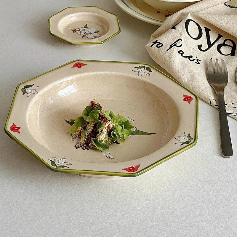Vintage Lily Ceramic Octagonal Plate Underglaze Color Dessert Multi Purpose Plate Household Vegetable Plates Salad Bowl