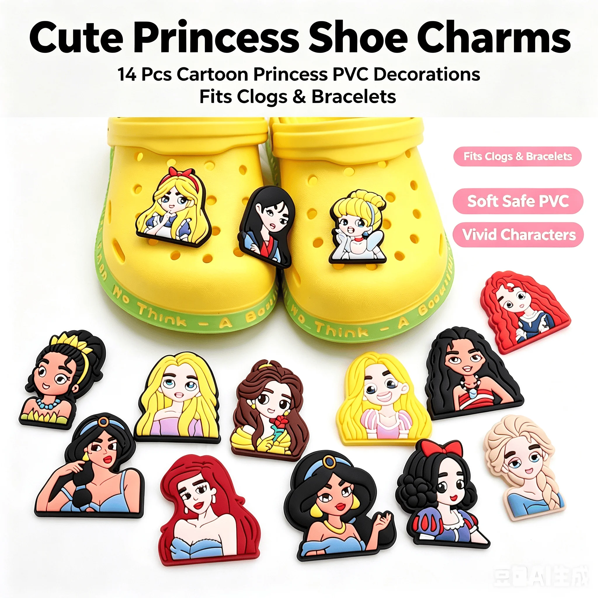 14/50/100 Stück Prinzessin Elsa Schneewittchen PVC-Schuhcharms Zubehör Schnallen Clog-Sandalen Ornamente für Mädchen DIY Schuhtaschen Geschenk
