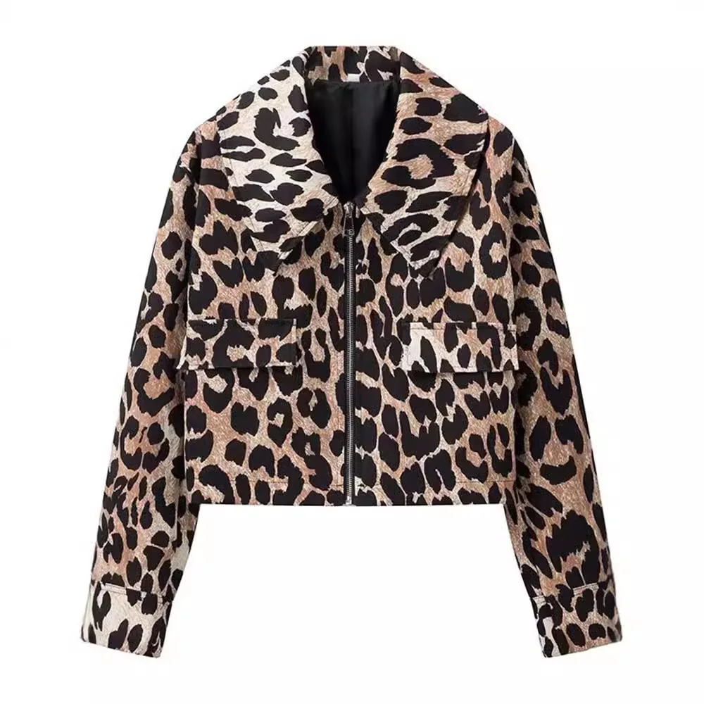 

2024 Women's New Fashionable All-Match Leopard Print Long Sleeve Zipper Jacket