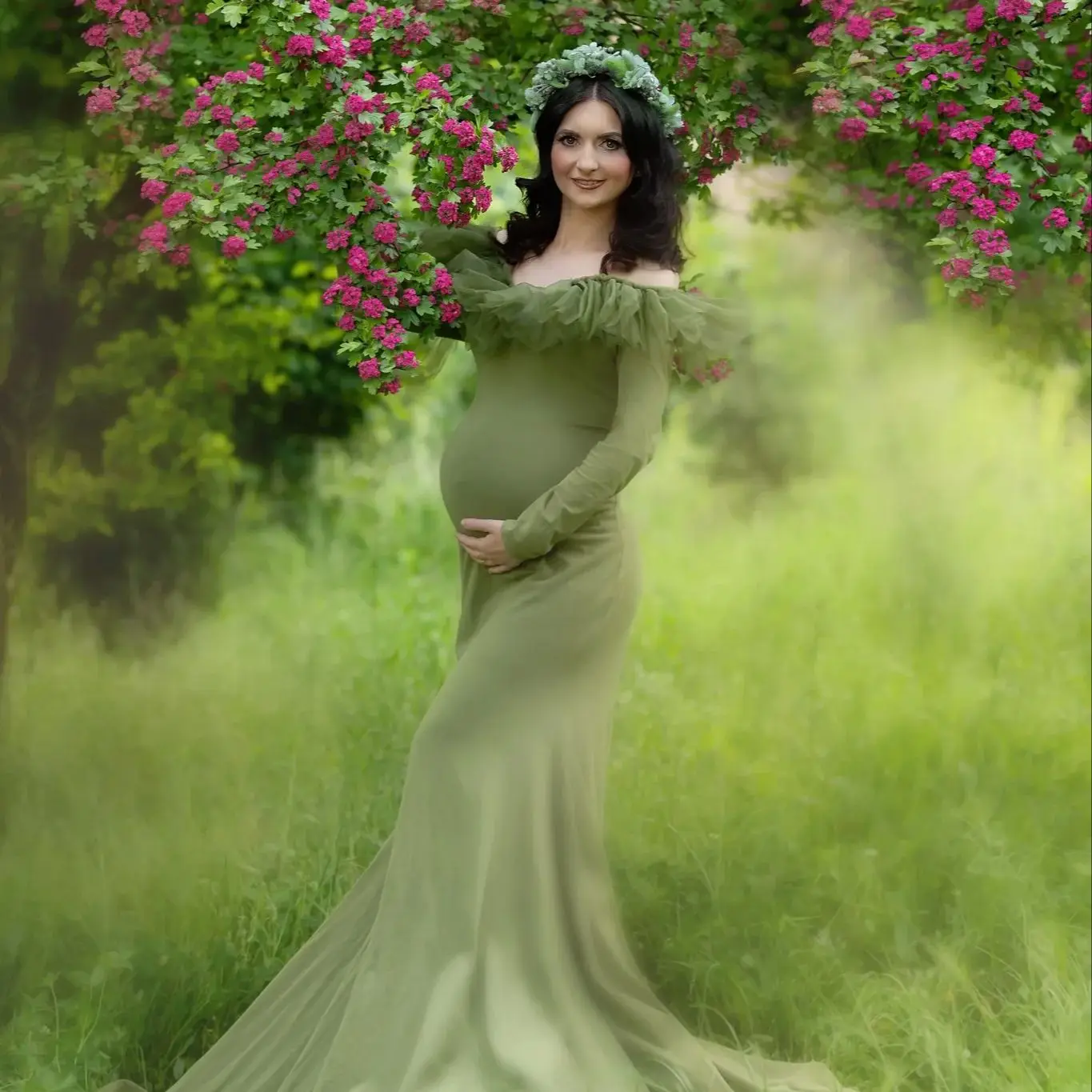 Green Maternity Dresses for Babyshower Off Shoulder Long Prom Photography Dressing Gowns Pregnancy Photo Shoot Gowns