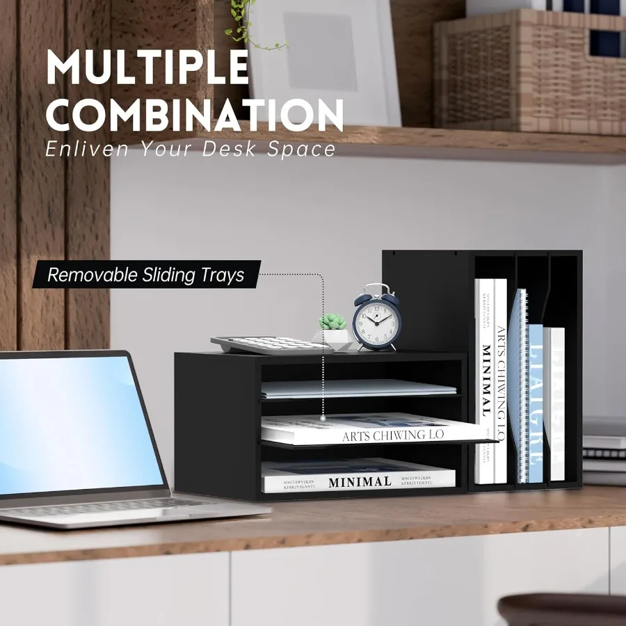 SUPEASY Organizador de escritorio de madera - Organizador de archivos de papel de 3 niveles para oficina, escuela y uso doméstico, negro - Solución de almacenamiento eficiente con