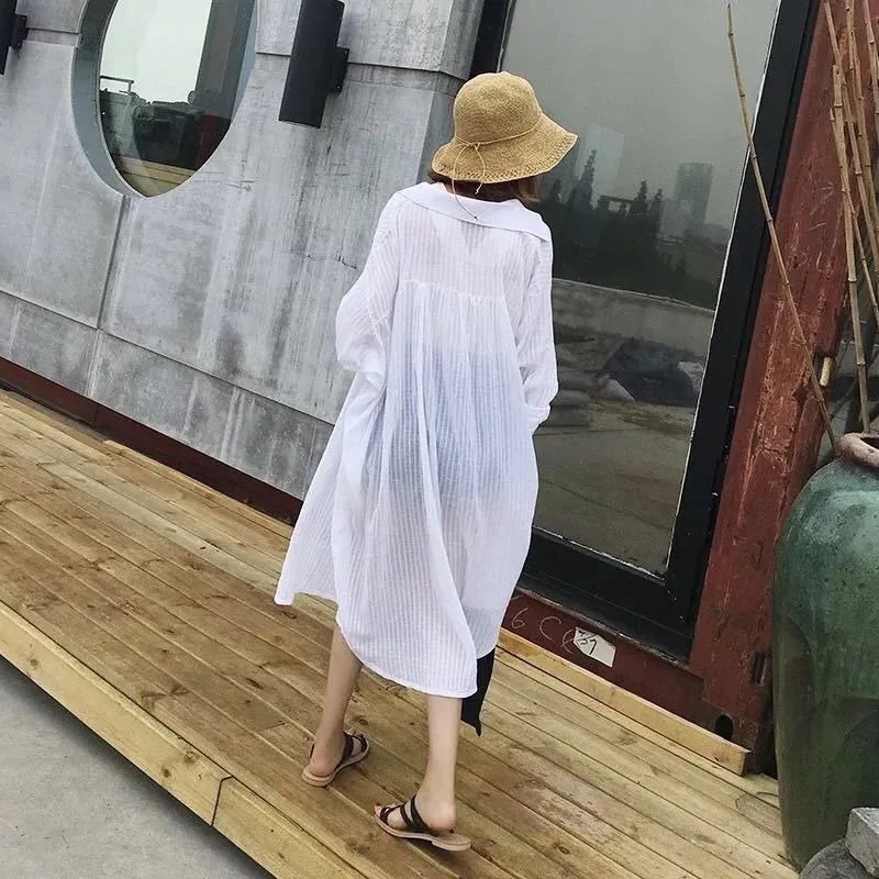 In The Summer Mid-length Style Pupil Shirt Top Korean Version Loose Thin Coat Large Size White Sunscreen Clothing Female