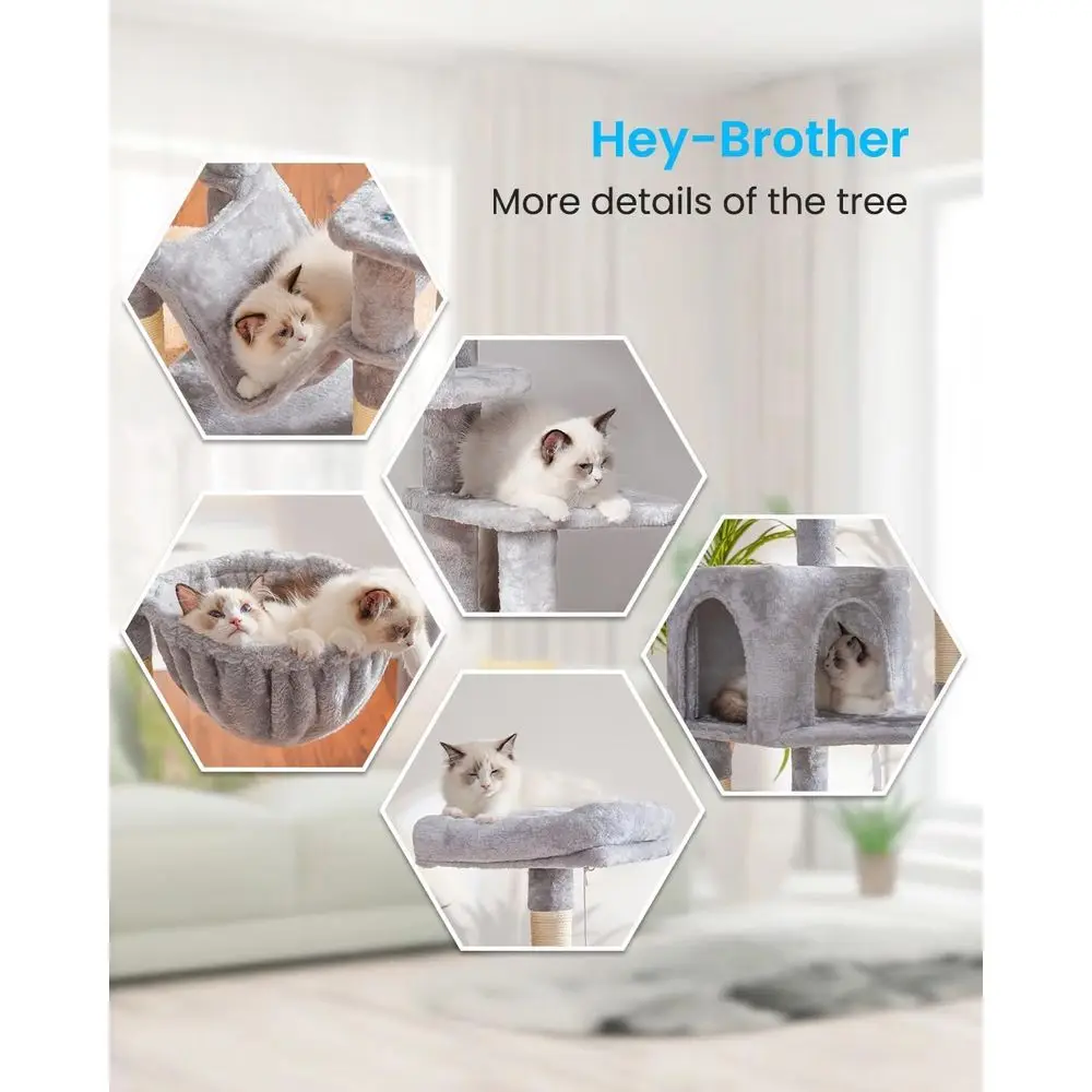 Indoor Multi-Level Cat Tree with Large Hammock, Sisal Scratching Posts, and Top Perch, Light Gray