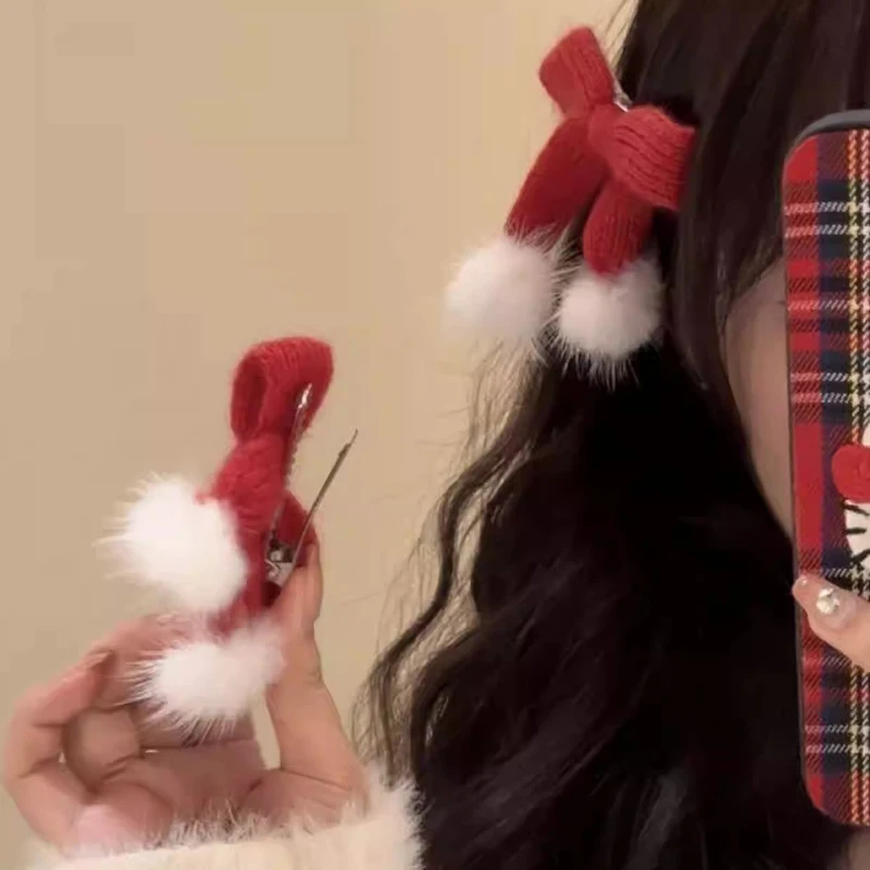 

Pompom Bow Hair Clip for Girl Red Sided Clips New Year Headwear Christmas Barrettes Women Hair Accessories Sweet Bowknot Hairpin