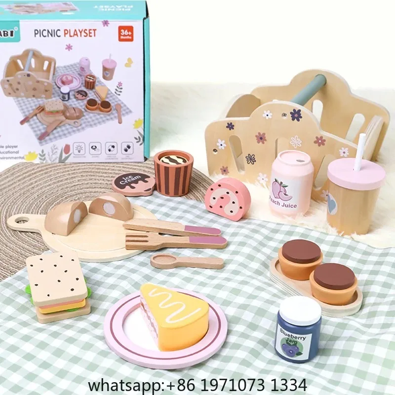 Wooden Picnic Pretend Play Toys Set with Wooden Storage Basket Educational Simulation Food Cooking Game for Kids 2 Years Gift