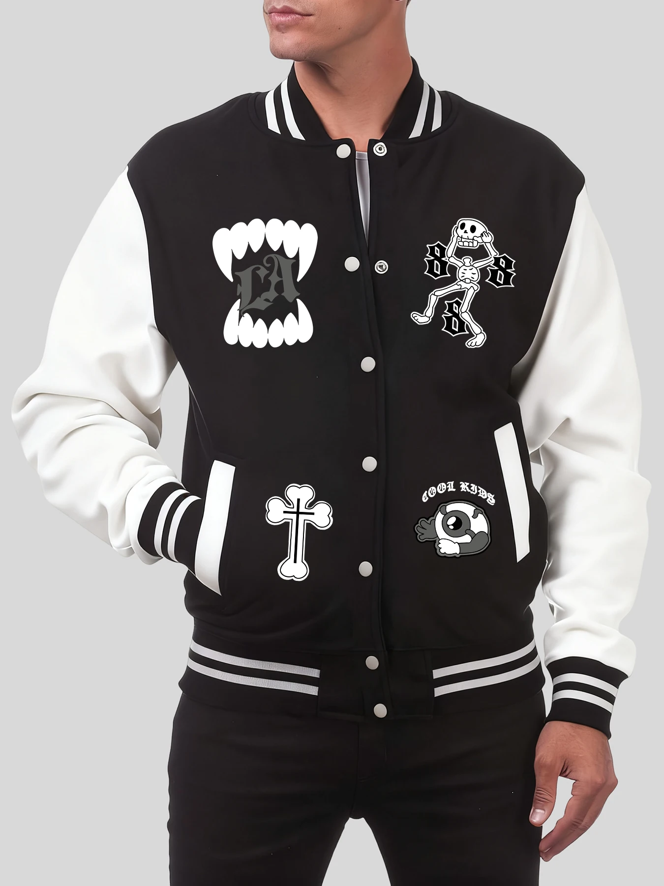

Skeleton Man With Open Mouth Printed Jackets Mens Fashion Fleece Baseball Uniform Pocket Oversized Male Clothes Vintage Soft Top
