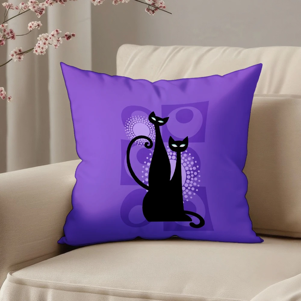 Square Throw Pillow Case Purple Black Silhouette Cats Abstract Dots Pattern Decorative Cushion Cover For Sofa Bedroom Living Roo