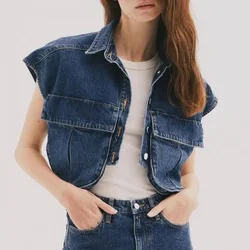 Summer Women Denim Cropped Shirt Lapel Sleeveless Flap Pockets Top Solid Color Single Breasted Casual Denim Short Outwear