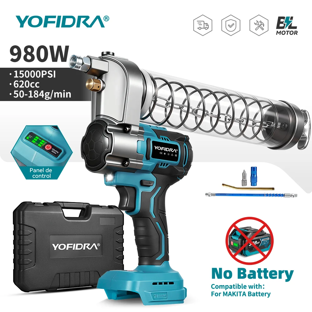 YOFIDRA 980W 15000PSI Elektryczny pistolet do smaru wysokociśnieniowy, wtryskiwacz oleju do łożysk, narzędzie zasilane akumulatorem Makita 18V