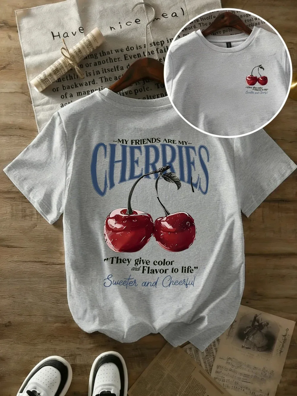 Sommerliche Kirsch-Print T-Shirts für Damen, O-Ausschnitt, Kurzarm-Oberteile, Lässige Mode, Harajuku Kawaii Y2K Kleidung – Detail 9