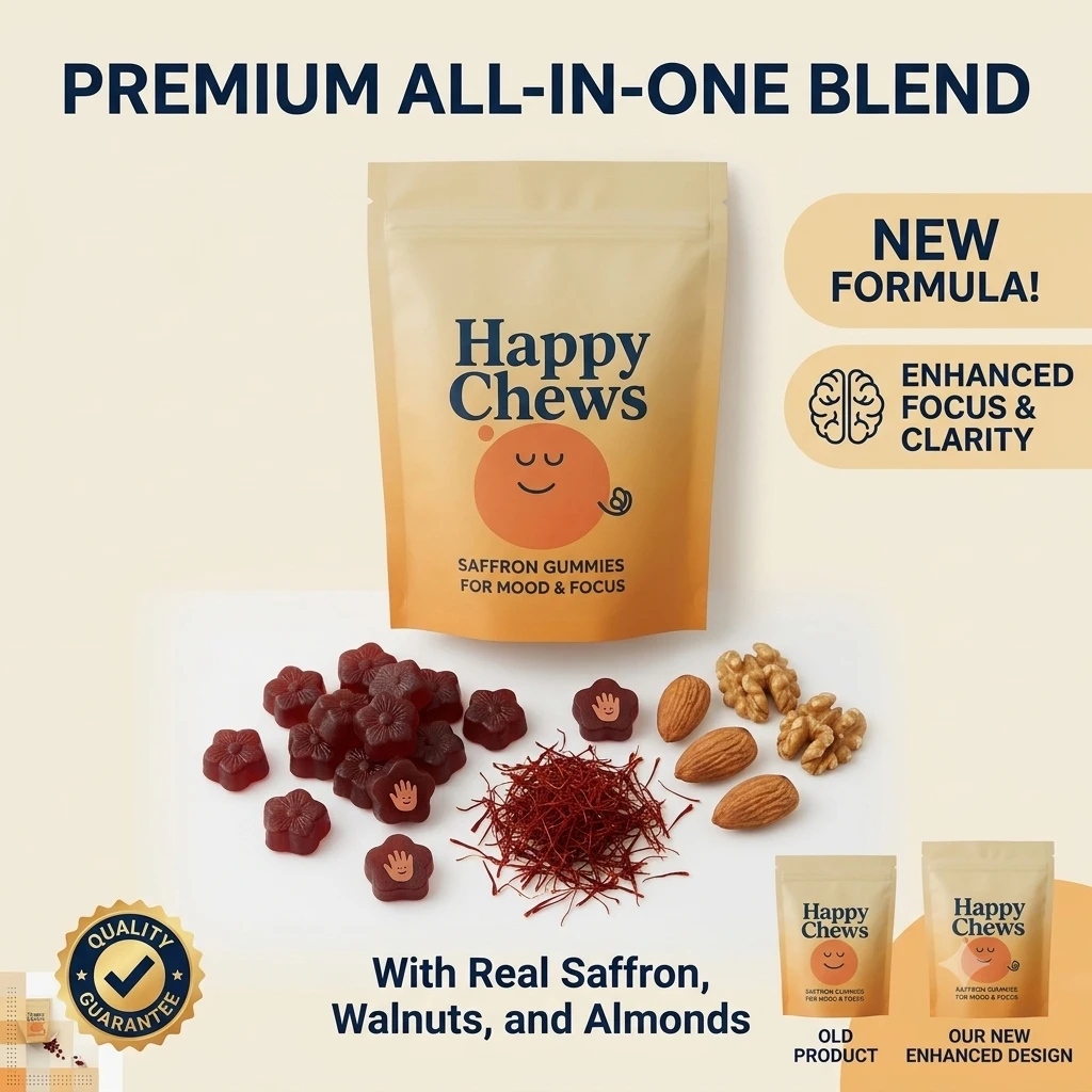 Happy Chews Saffron Gummies,Natural Herbal Chewable Supplement for Mood & Focus Support with GABA Passion Flower Shaped