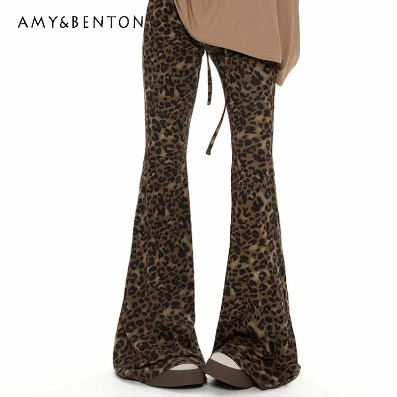 

American Retro Design Leopard Print Flared Women's Casual Pants 2025 Autumn New Style Sweet Cool Slimming Long Trousers Ladies
