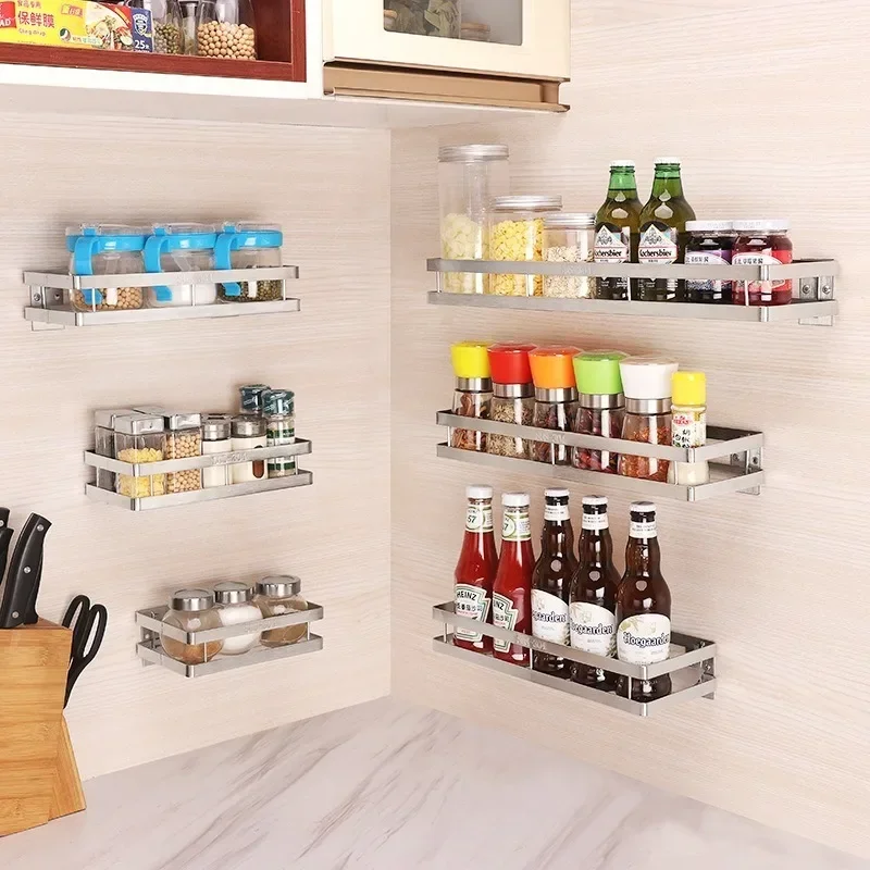 Kitchen Wall Shelf Storage Organizer Shelf Spice Rack Punch Free Stainless Steel Storage Shelves Rack for Kitchen Bathroom