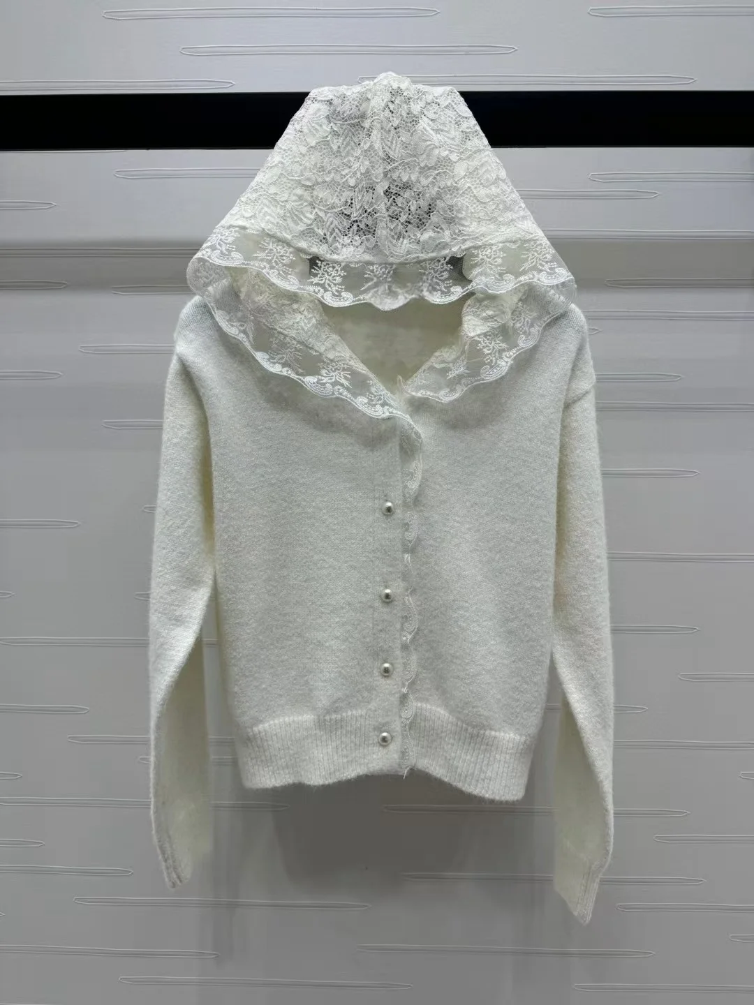 High end customized women's lace patchwork hooded knitted cardigan