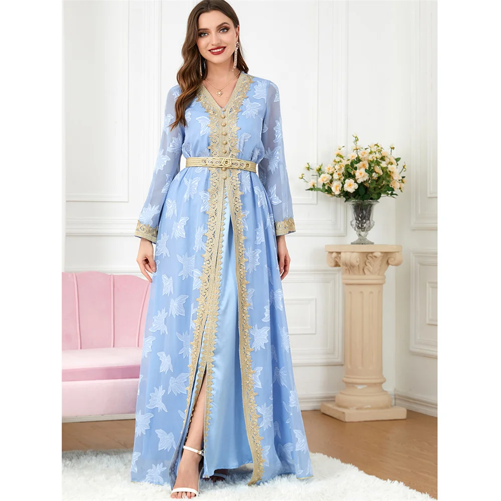 2 Piece Moroccan Kaftan Muslim Women Evening Party Dresses Set Eid Ramadan Dubai Turkey Abaya Gulf Jalabiya Caftan Robe Outfits