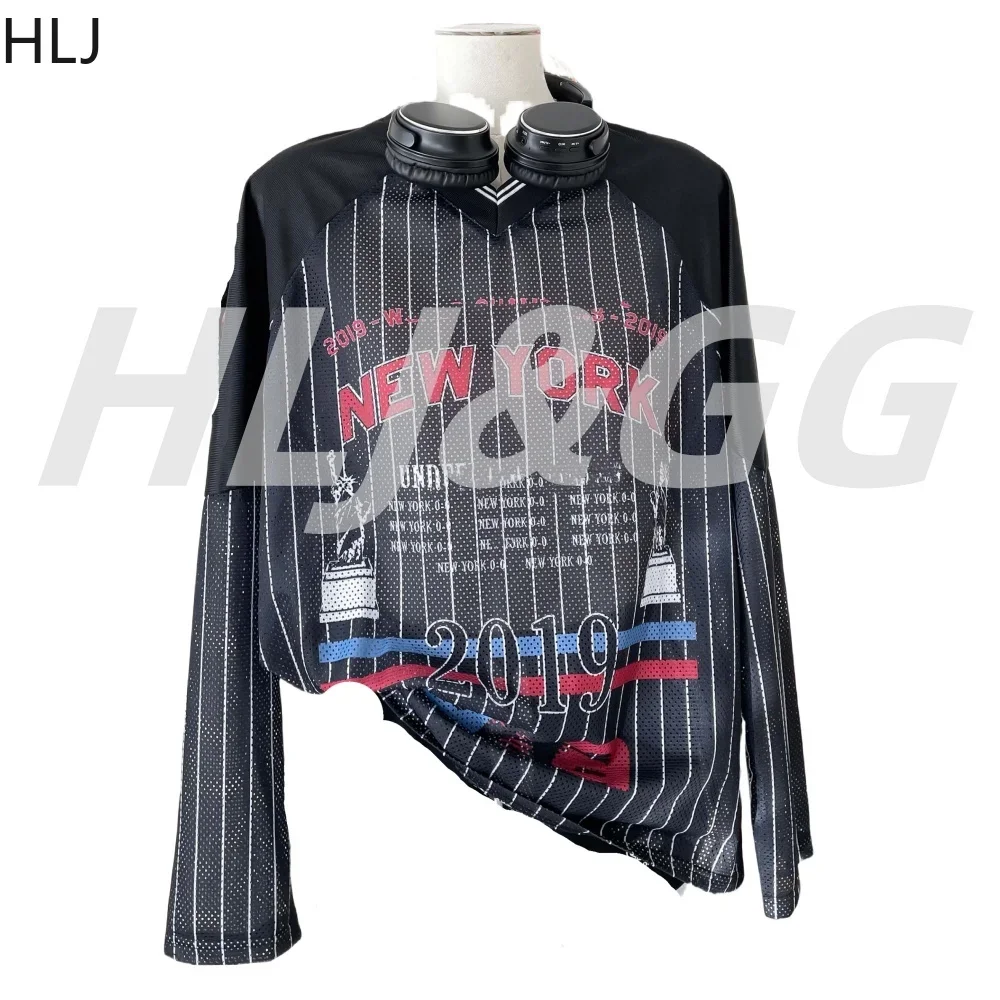 HLJ Fashion Letter Stripe Print Loose Tshirts Women V Neck Long Sleeve Mesh Tops Y2K Female Basketball Streetwear Jersey Clothes