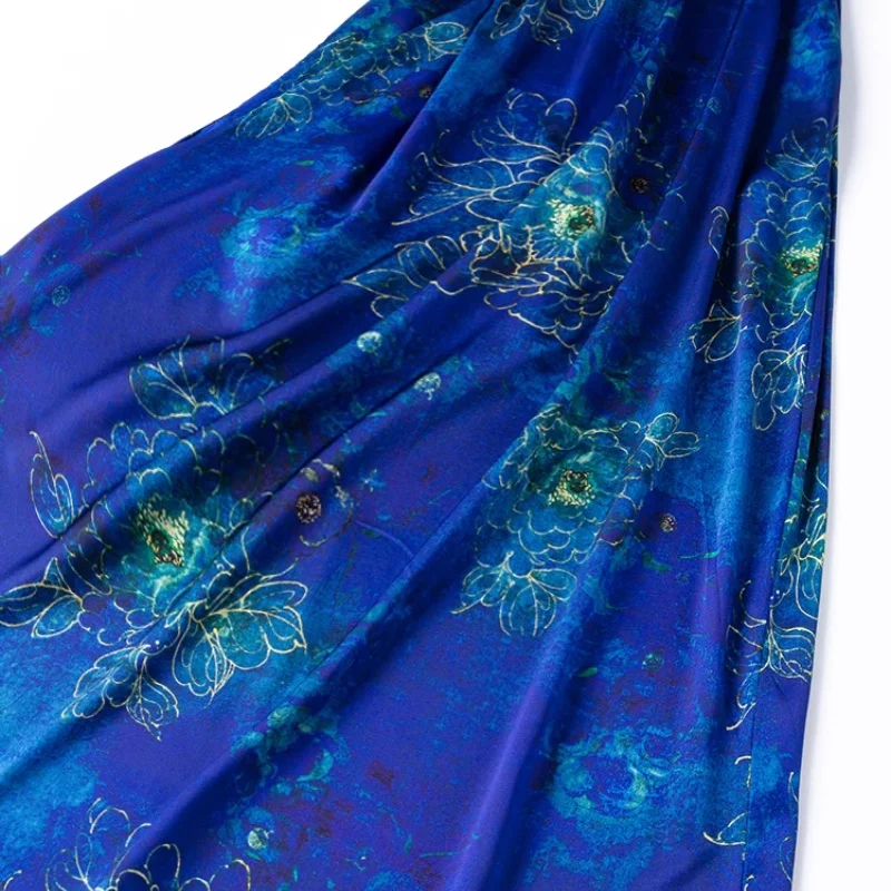 ชุดเดรสผ้าไหมมัลเบอร์รี่ 93% ผสมสแปนเด็กซ์ 7% ลดราคาช่วงซัมเมอร์ ผ้าซาตินยืดหยุ่น คอกลม แขนกุด ลายพิมพ์ กระโปรงยาว รุ่นใหม่ปี 2025