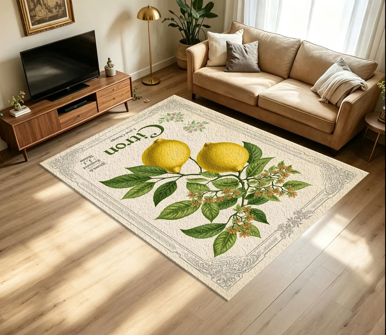 Retro Botanical Citron Fruit Carpet Flooring Vintage Lemon Illustration Ornate Frame Printed Floor Rug for Household Indoor Home Art Decor