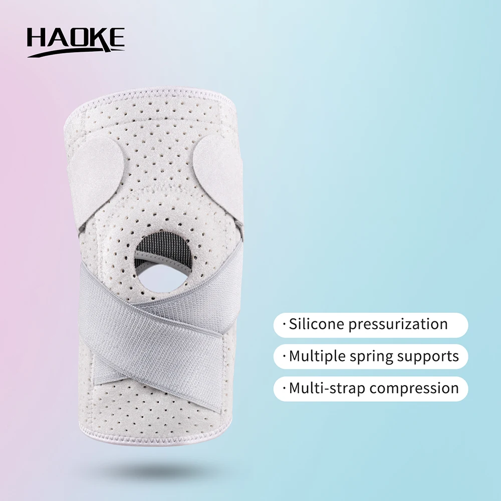 Sports knee brace with adjustable dual compression straps, spring support, comfortable and breathable