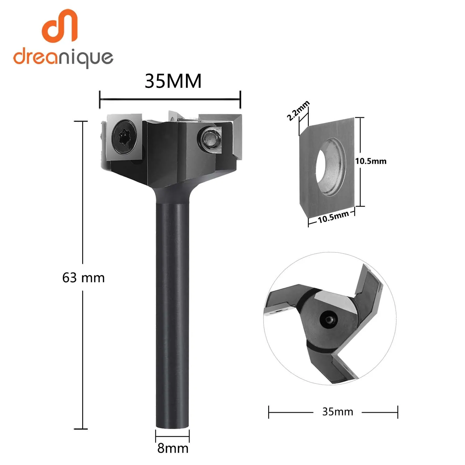 Dreanique 3-Flute Wood Planer Bit 35mm 60mm Cutting Diameter 8mm 12mm Shank Spoilboard Surfacing Router Bit Insert Carbide Slab