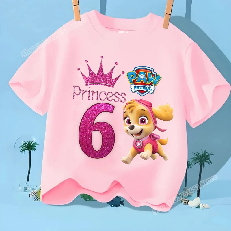 Pfote Patrouillen Mädchen rosa T-Shirts Geburtstag Nummer drucken Cartoon Sommer Kurzarm Tops Kinder kleidung Kinder kleidung kawaii