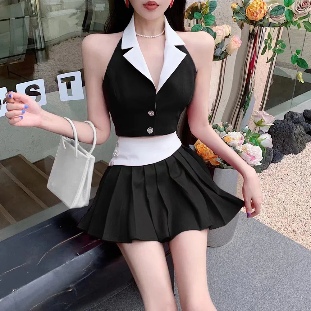 Daily Commuting Black Hot Girl Suit Daily Commuting Halter Neck Style Slightly Elastic Fabric Suit Collar Design