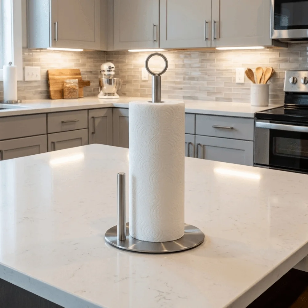 Stainless Steel Paper Towel Holder Non Slip Base Freestanding Paper Towel Stand One-Handed Tear Removable Paper Towel Rack