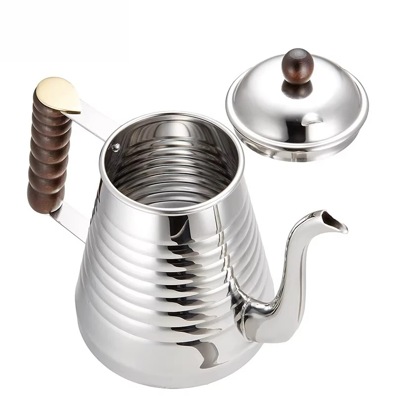 Stainless Steel Hand Punch Coffee Pot Long Mouth Wooden Handle Corrugated Crane Beak Pot