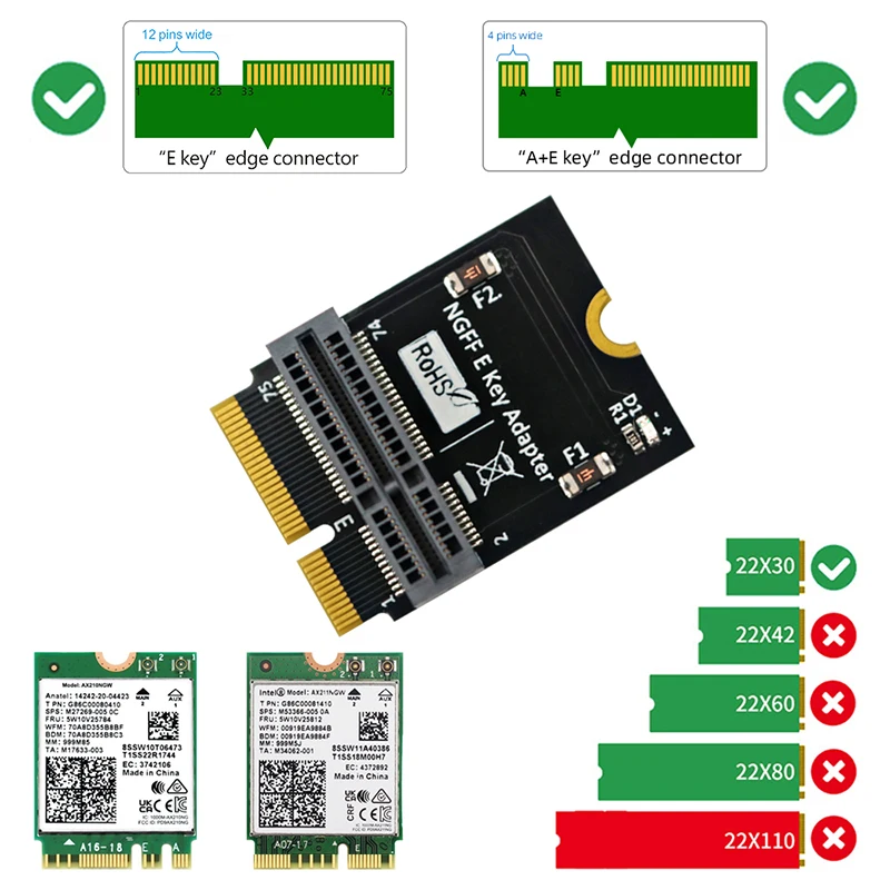 Adaptador NGFF M.2 key-e a key-e, placa elevadora, compatible con M2 Key E 2230, 2230, 2242, 2260, AX200/2280, tarjeta WiFi, novedad de 201/210