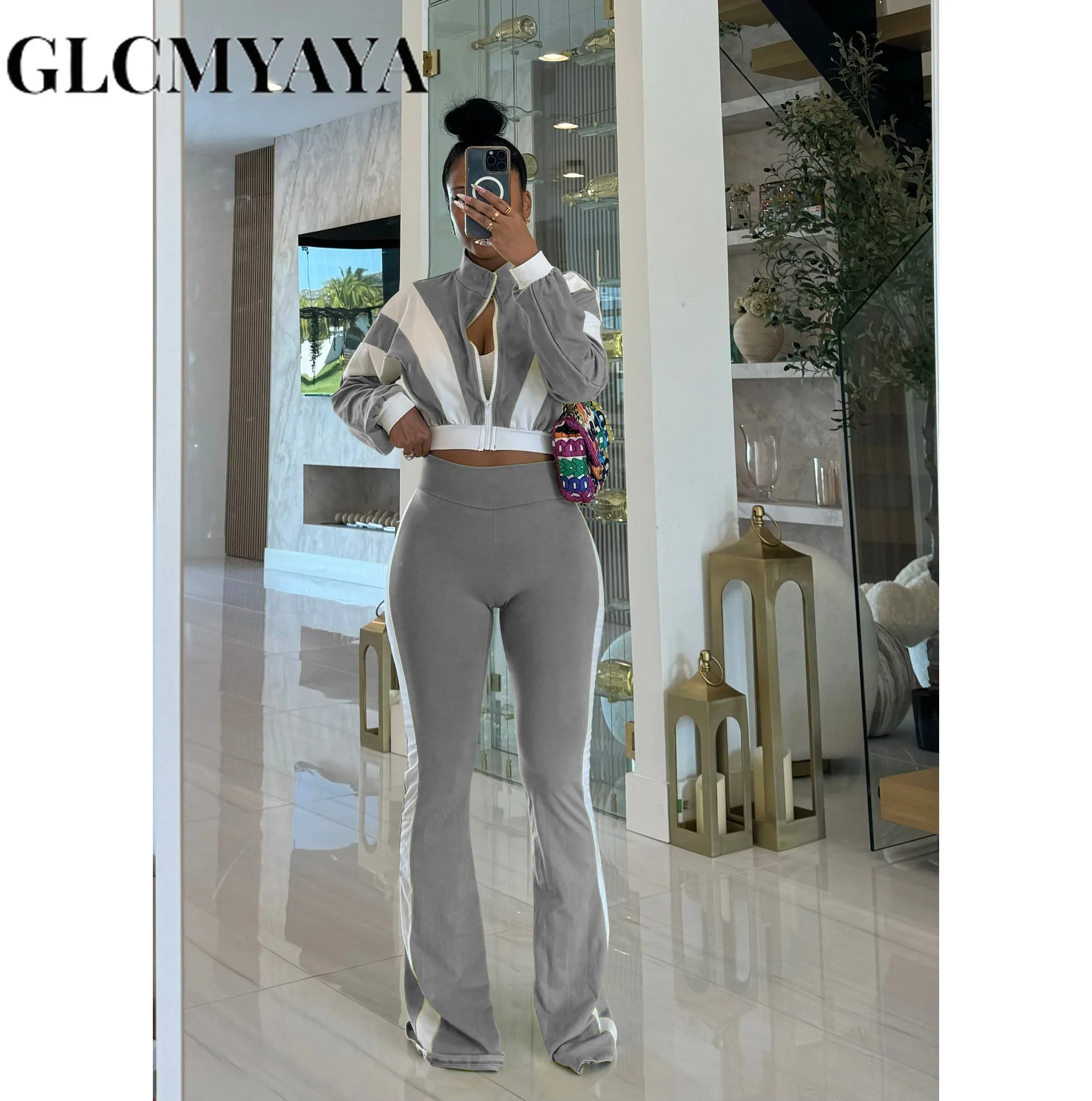 طقم نسائي رياضي مرقع من GLCMYAYA جاكيت بأكمام طويلة وسراويل رياضية واسعة الساق 2025 بدلة رياضية للياقة البدنية طقم مكون من قطعتين #3