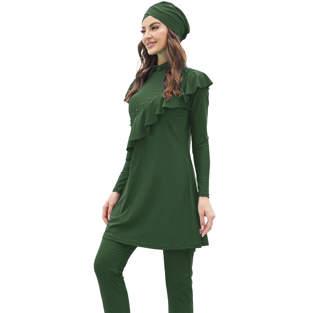 Elegante traje de baño islámico de manga larga para mujer, traje de baño con sombrero, sombreros musulmanes, Burkini suave a la moda, venta al por