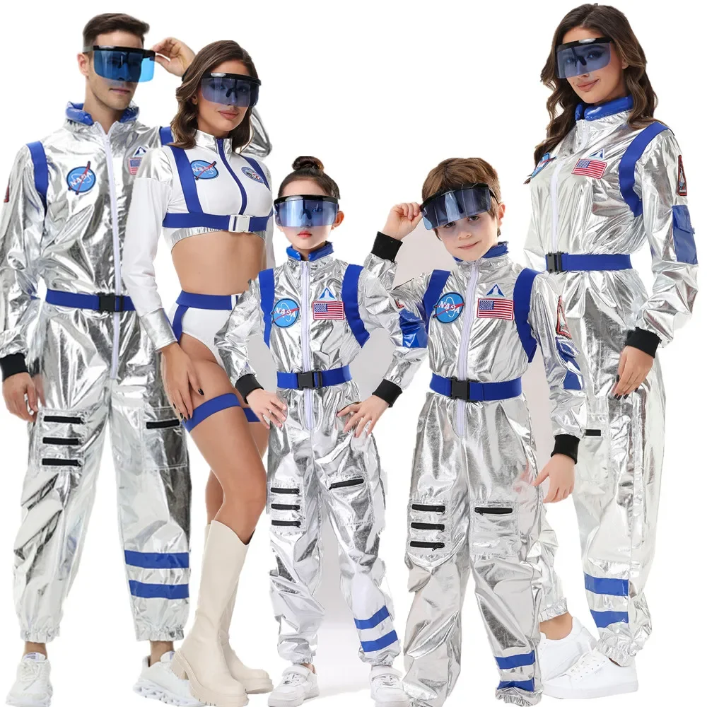 

Halloween Stage Performance American Astronaut Cosplay Jumpsuit Silver Spaceman Costume Holiday Party Parent-Child Facy Dress