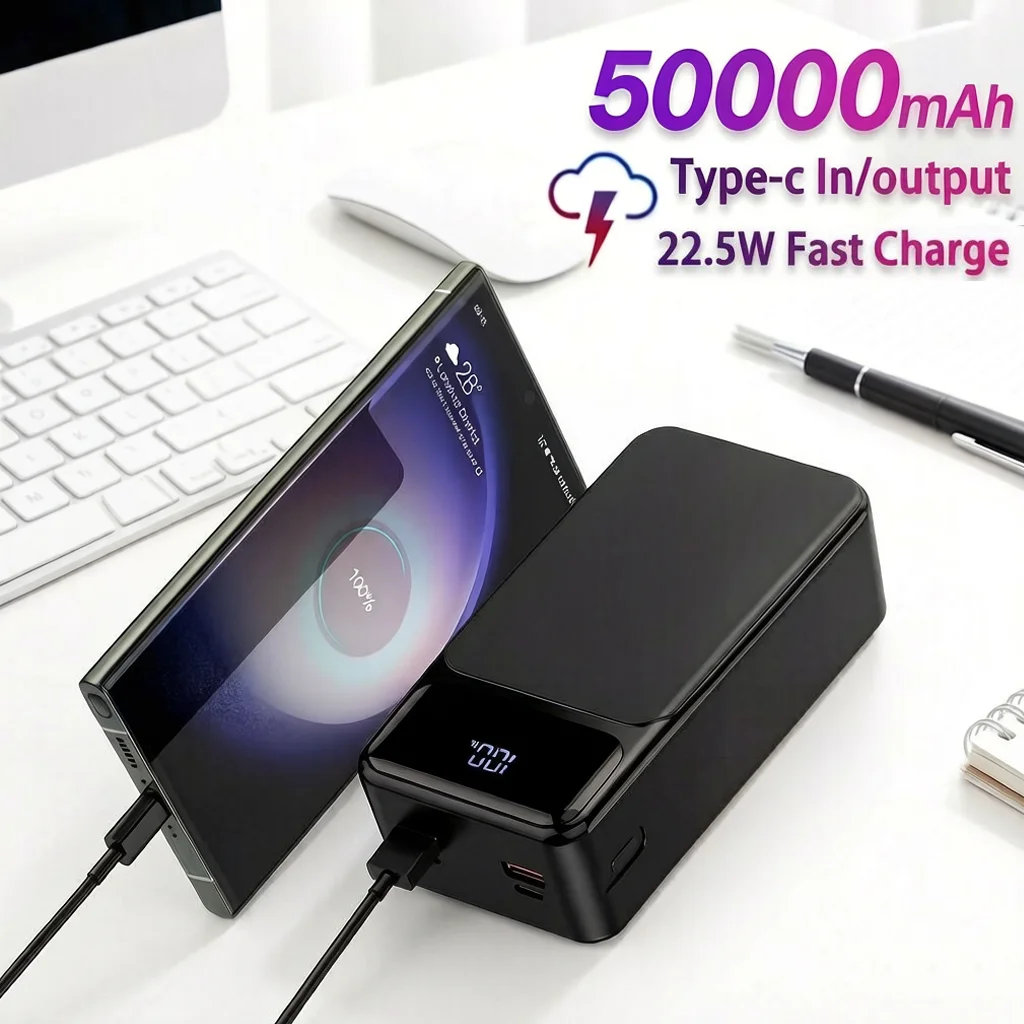 Batterie externe portable Hganus 50000mAh 22.5W à charge rapide avec sorties USB-C et USB-A pour iPhone 17 16 15 Xiaomi