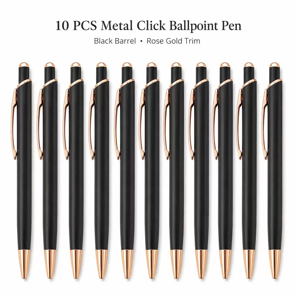 10 Pack Metal Click Ballpoint Pens, Black Barrel with Rose Gold Trim, Smooth Writing Retractable Metal Pens, Elegant Office Exec