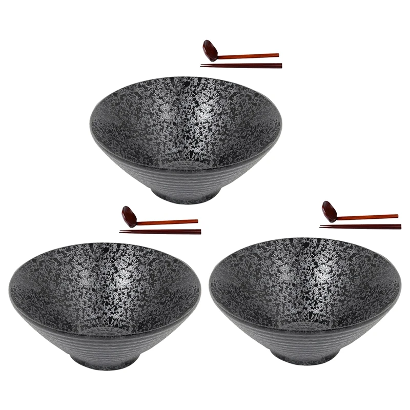 3X Ceramic Japanese Ramen Soup Bowl With Matching Spoon And Chopsticks, Suitable For Udon, Soba, Large Size