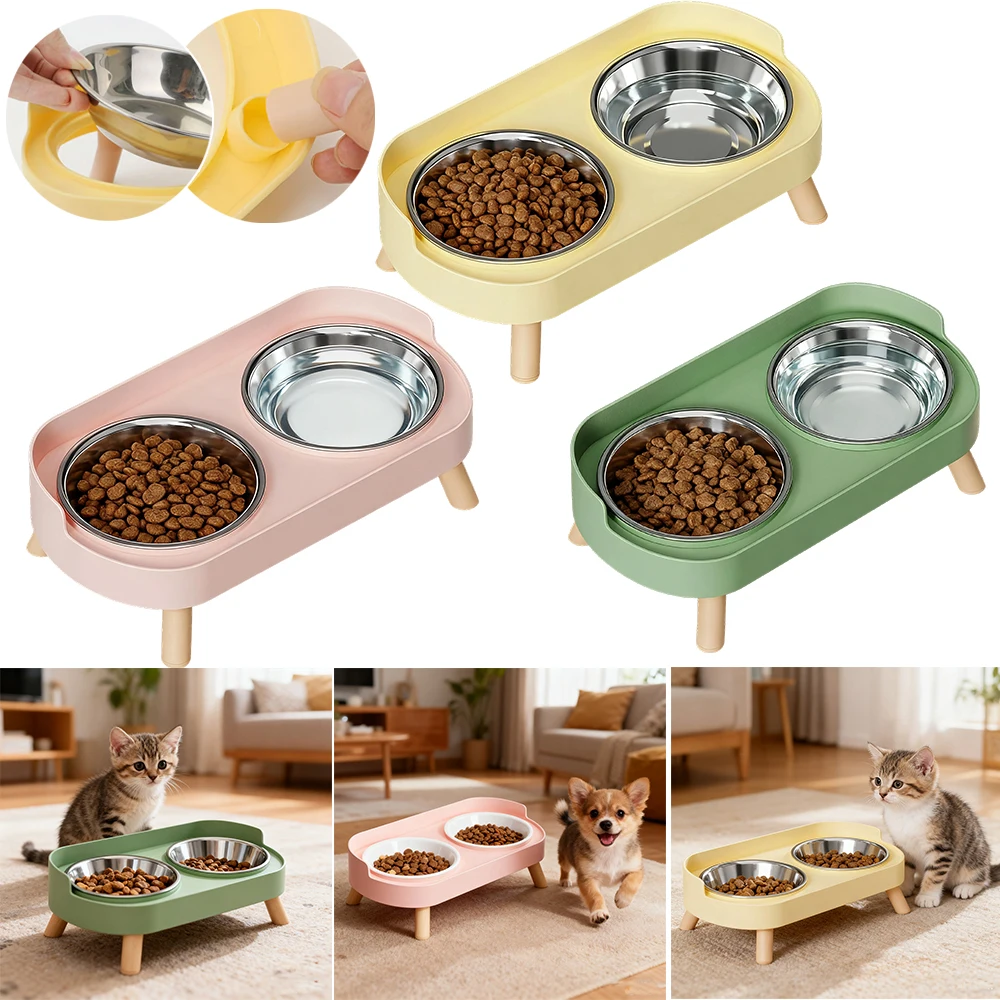 

Pet Double Bowls with Water Feeder A Colorful Design Non-slip Cat Dog Food Bowl Set with Cat Bowl Rack for Neck Protection Gatto