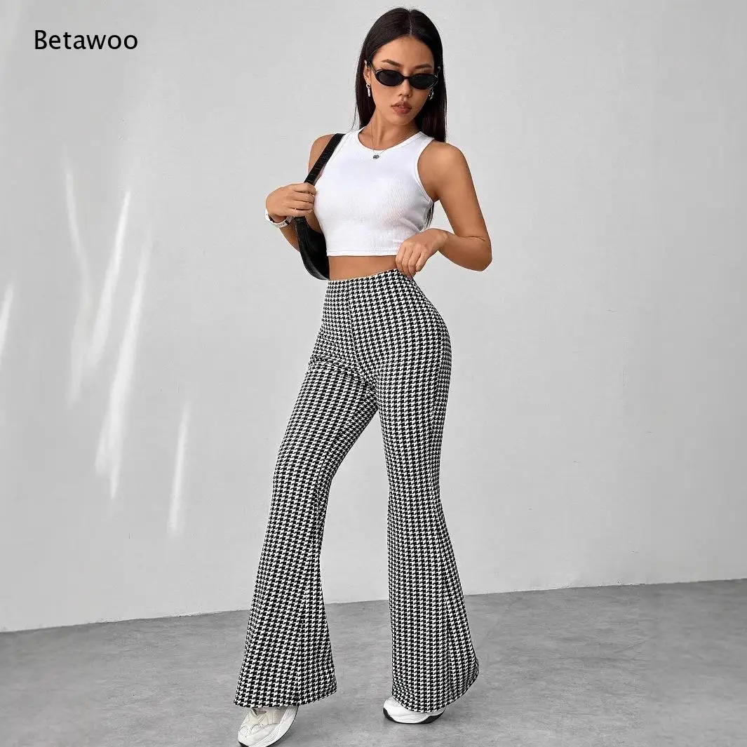 Women High Waist Flare Pants Soft Stretchy Bell Bottom Long Trousers Plaid Multiple Colors Casual Daily Pants