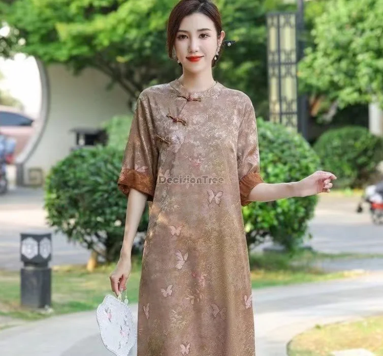 

Новое летнее платье-ципао в ретро-китайском стиле, из улучшенной пряжи, элегантное, свободного кроя, больших размеров, с коротким рукавом, с принтом.