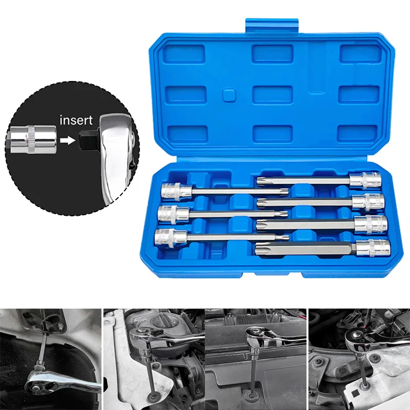 

7 Piece 110mm Extra Long Torx Star Bit Socket Set T25-T60 CR-V and S2 Material 3/8" Drive 110mm Length Premium S2 Steel