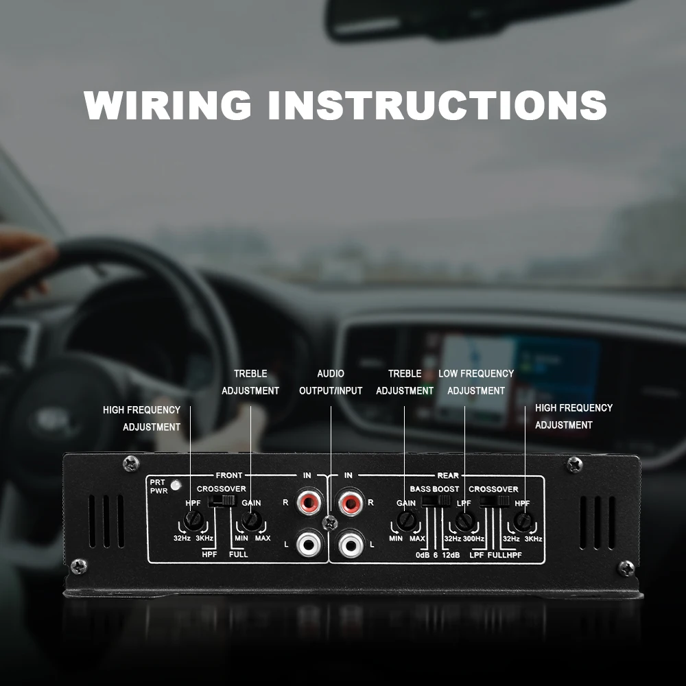 Amplificatore di potenza audio domestico per auto stereo a 4 canali con funzioni di regolazione e potenziamento dei bassi per subwoofer