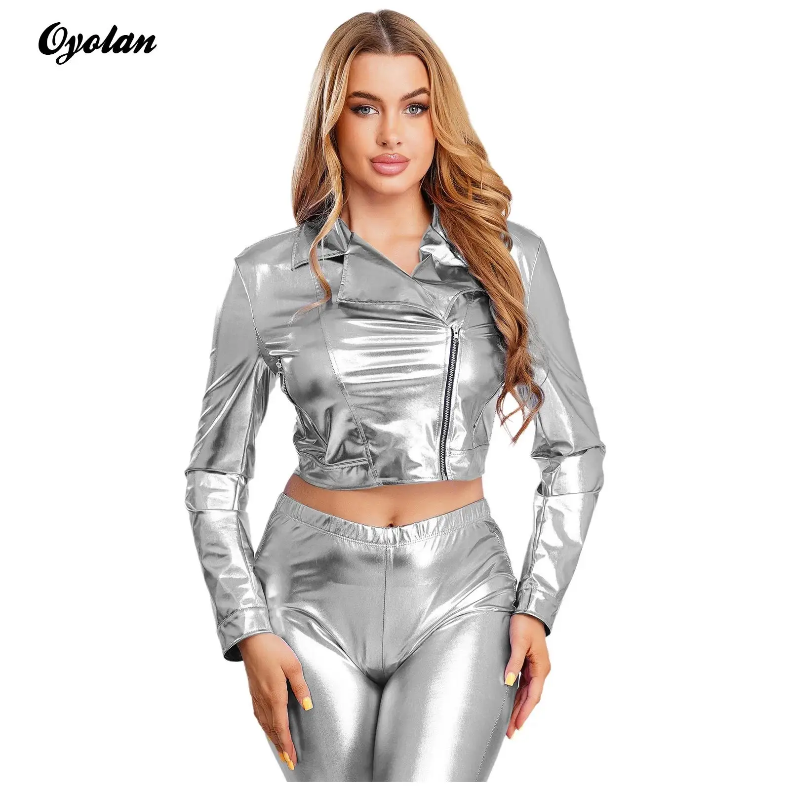 

Womens Long Sleeve Side Zipper Crop Outerwear Metallic Shiny Cropped Jacket Notch Lapel Biker Motor Cropped Jacket Club Costume
