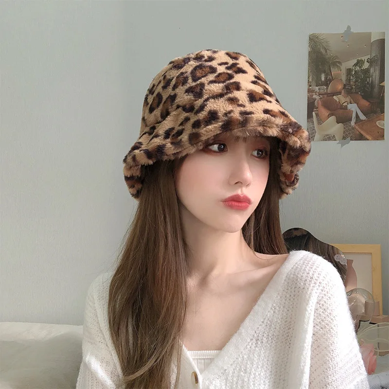 New Faux Fur Bucket Hat Women Autumn Winter Panama Hat for Men Cow Print Plush Velvet Warm Hat Fisherman Hats Vacation Cap