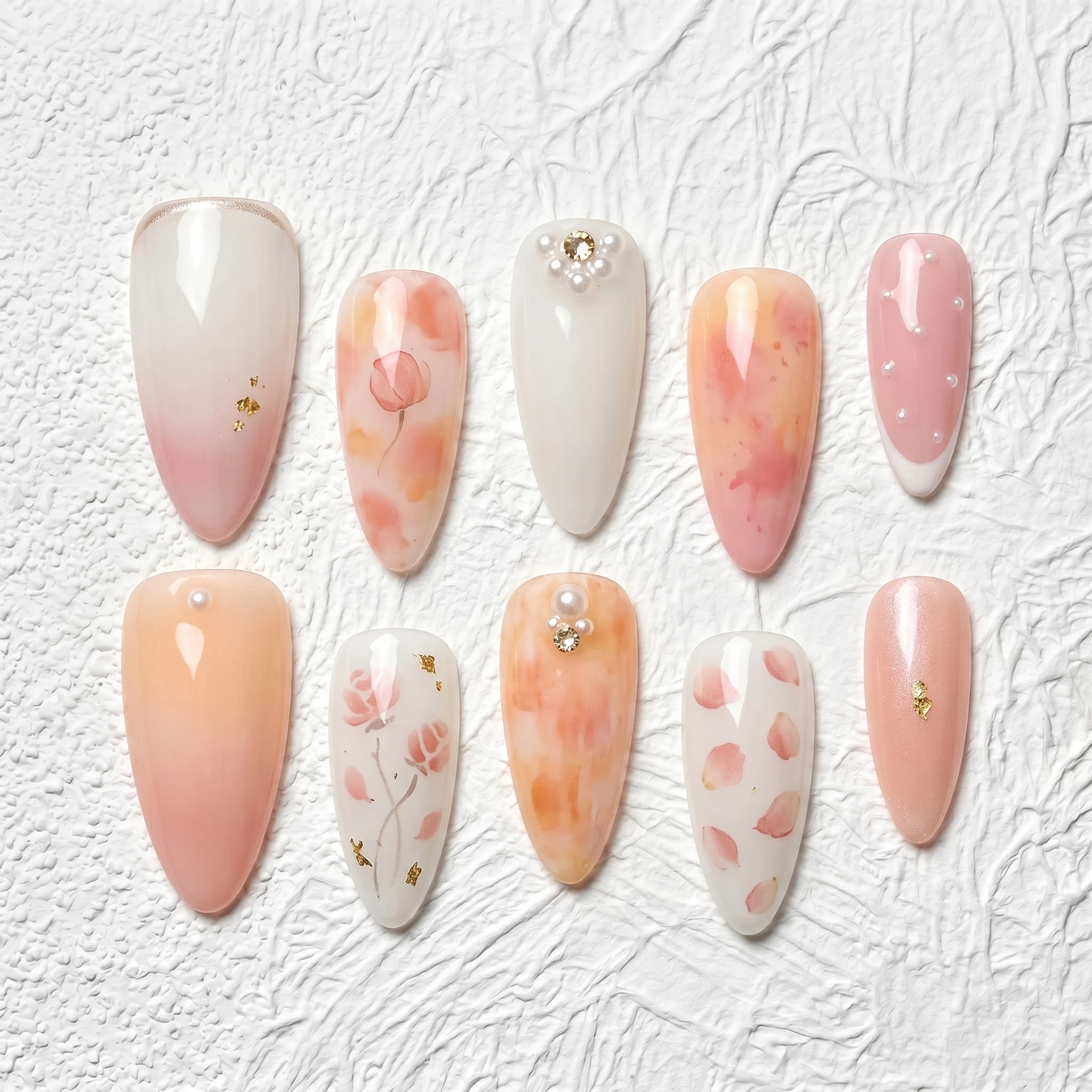 Artisan Handcrafted 10PCS Romantic Almond Press-On Nails | Floral Petals, Pearls, Gold Leaf, Holiday Wear Salon Finish