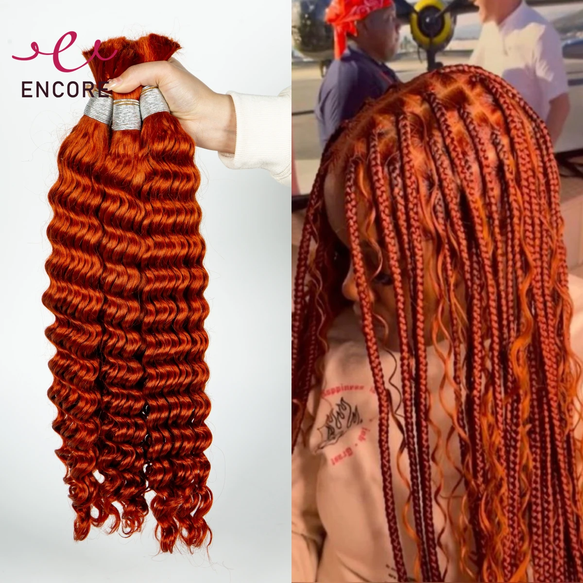 28Inch Ginger Orange Human Hair Bulk Deep Wave Hair Bundles No Weft 100% Virgin Curly Hair Bulk for Boho Braided Hair Extensions