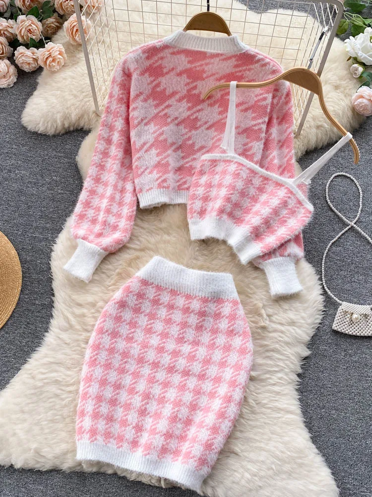 Korean Fashion Casual Knitted Cardigans + Camisole + Skirt Sets Girls Short Sweater Coat + Vest + Mini Skirt Suits Women Outfits