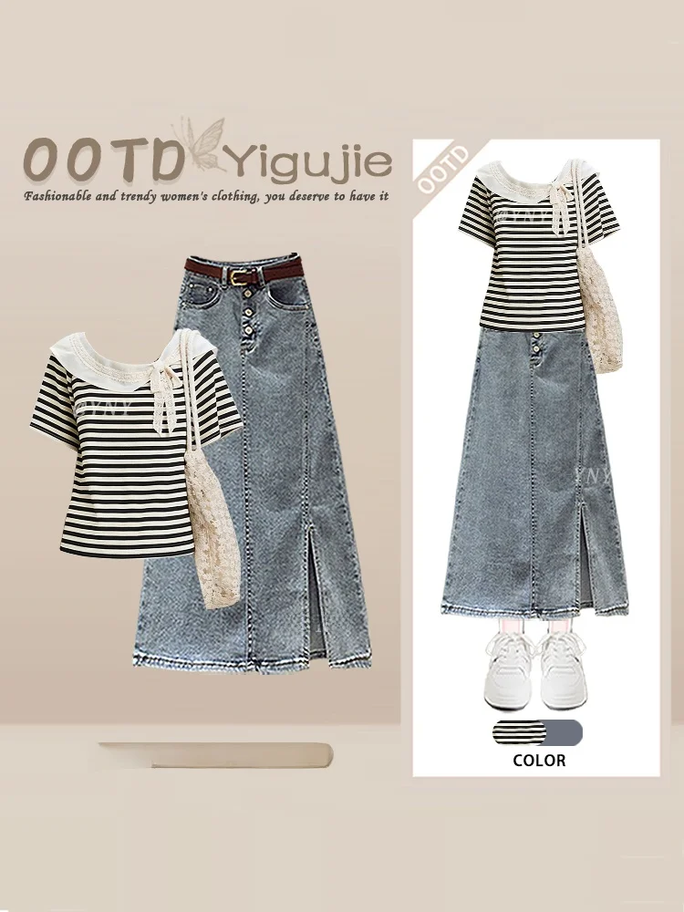 

Retro Striped Lace Splicing Short Sleeve round Neck Summer Top T-Shirt Slit Denim High Waist Two-Piece Set Women's Fashion